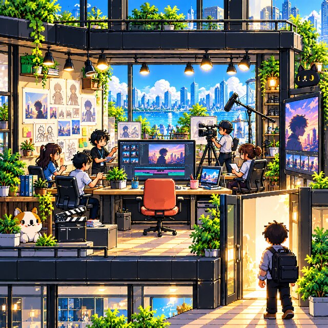 ことばピクチャーズのスタジオで働くメンバーのイラスト